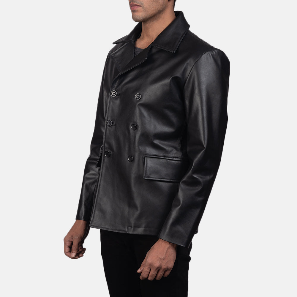 Black Cowhide leather Blazer - Back View Showing Tailored Shoulder Fit &amp; Clean Hemline