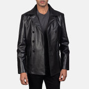 Close-Up Detail of Notch &amp; Buttons Hardware on Men's Mr. Bailey 黑色 Leather Naval Peacoat 男士
