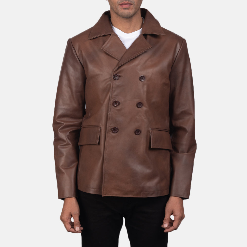 
Mr. Bailey 复古棕 Leather Naval Peacoat 男士 in Brown Cowhide Leather - 正面版型与定制立体剪裁轮廓 | 官方商城选购