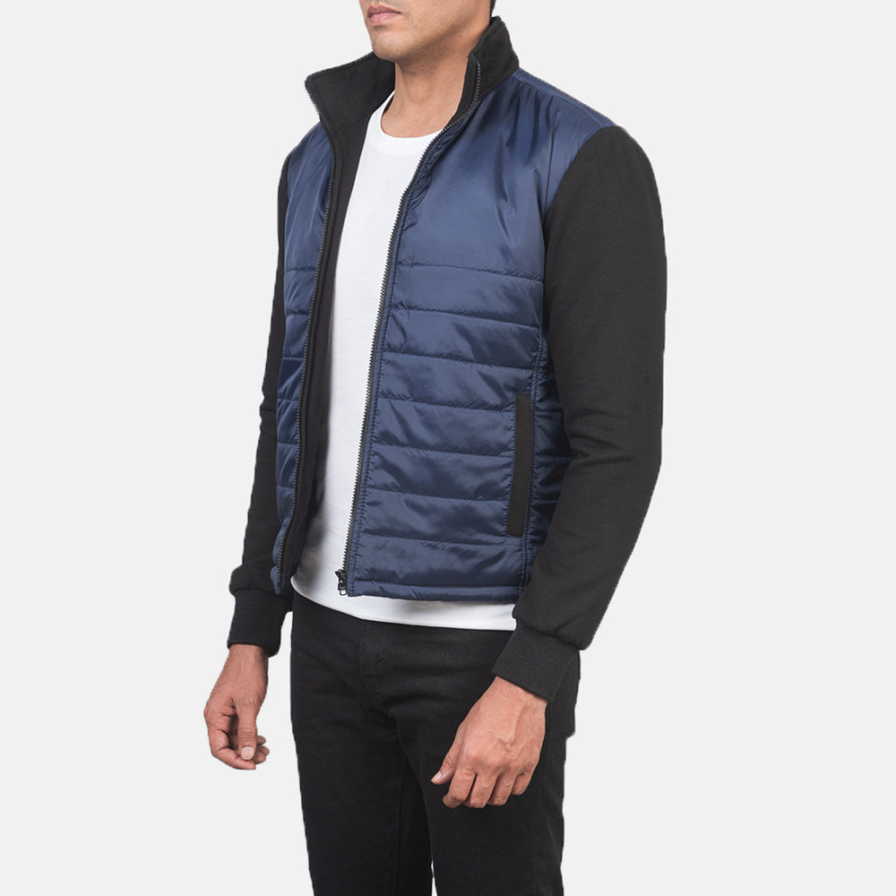 
Blue & Black Nylon (Torso) &Amp; Knitted Fabric (Sleeves) Winter Jacket - 展现肩线贴合与利落下摆的背部视角