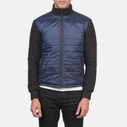 
细节特写 of High Neck & Zipper with wind flap Hardware on Nashville 菱格压线 深海蓝 Windbreaker 真皮夹克 男士