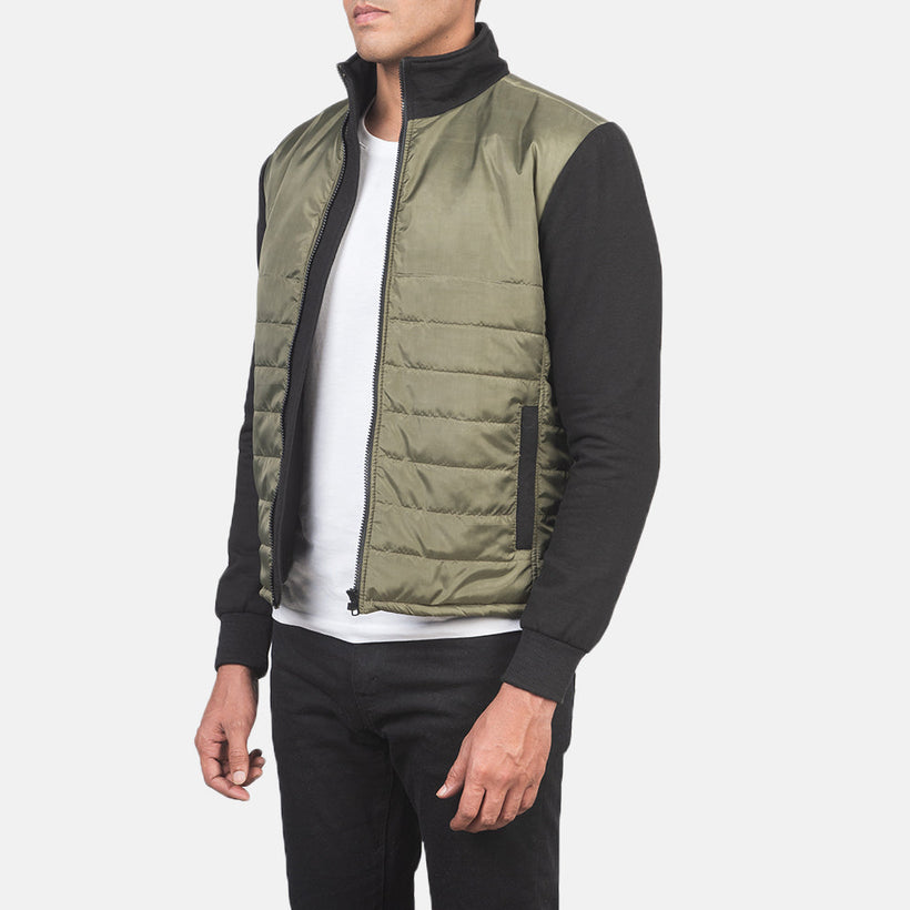 Green & Black Nylon (Torso) &Amp; Knitted Fabric (Sleeves) Winter Jacket - Back View Showing Tailored Shoulder Fit & Clean Hemline