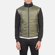 
细节特写 of High Neck & Zipper with wind flap Hardware on Nashville 菱格压线 墨绿色 Windbreaker 真皮夹克 男士
