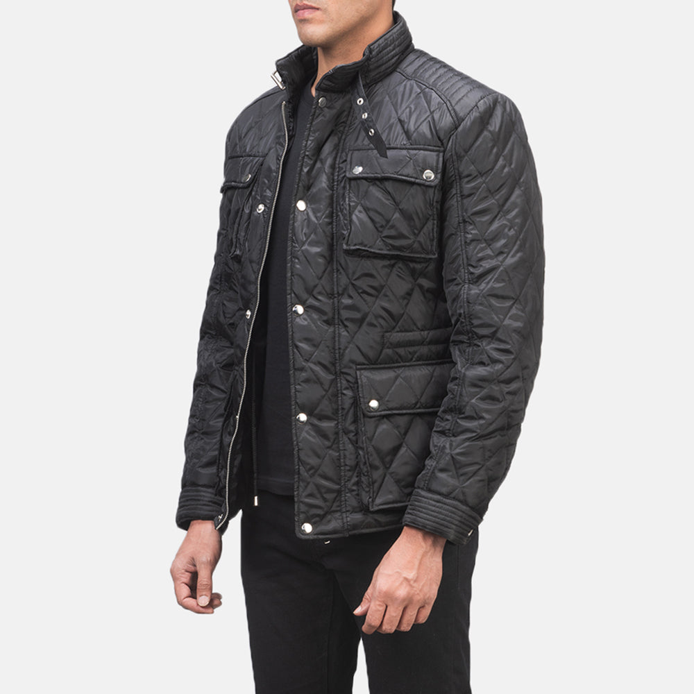 Black Polyester Winter Jacket - 展现肩线贴合与利落下摆的背部视角
