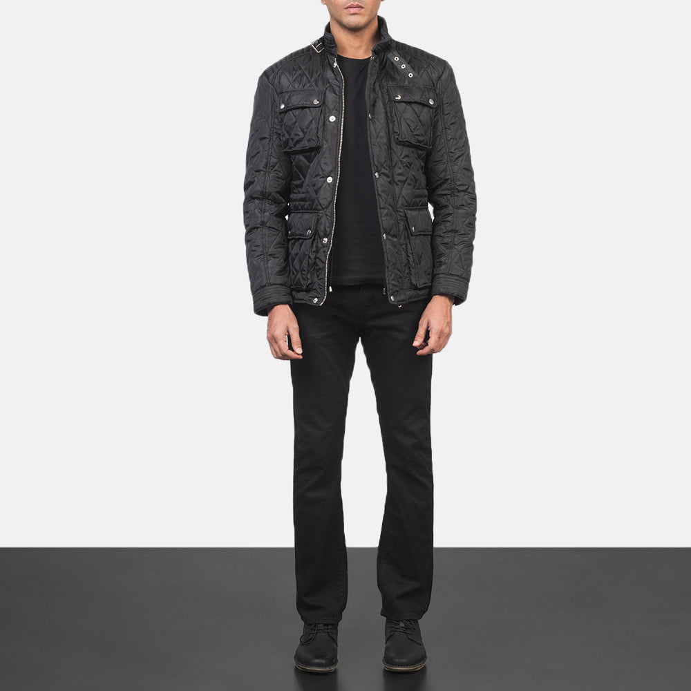 Nelson Quilted Black Windbreaker Jacket - 展现立体袖型与合身版型的侧身视角