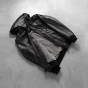 
模特上身效果： Nintenzo Black Hooded Leather Jacket 模特试穿展示（自然光垂坠质感）