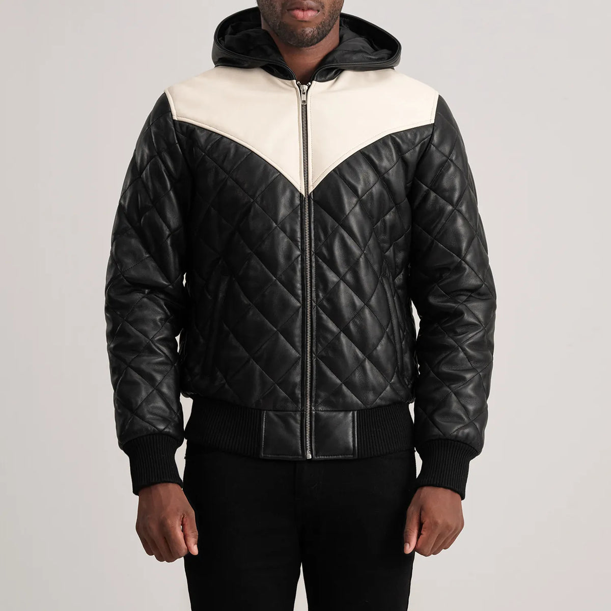 
细节特写 of Hooded & Zipper Hardware on Norman Tan Hooded Bomber Leather Puffer Jacket