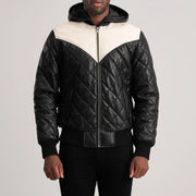 
细节特写 of Hooded & Zipper Hardware on Norman Tan Hooded Bomber Leather Puffer Jacket