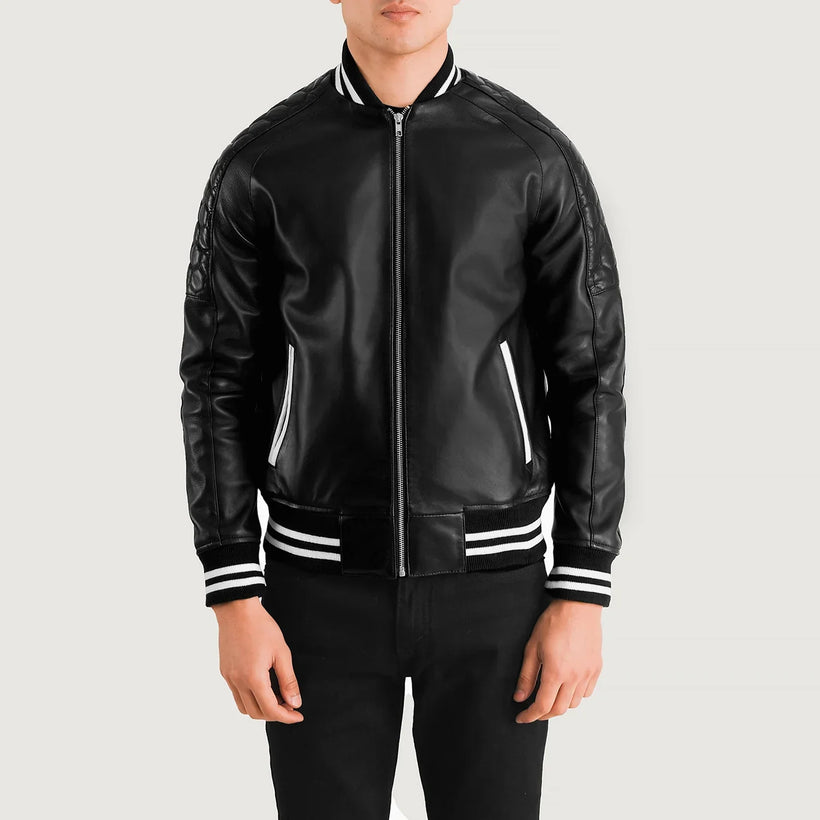 Pascal 黑色 Leather Varsity 真皮夹克 男士