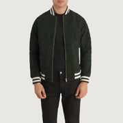 Pascal Green Suede Varsity 真皮夹克 男士 in Green Goatskin Suede - Front Profile View &amp; Tailored Silhouette | Buy Online