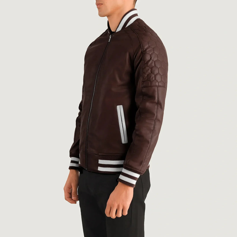 Pascal Maroon Leather Varsity 真皮夹克 男士