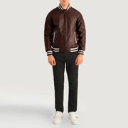 Pascal Maroon Leather Varsity 真皮夹克 男士 - Lateral Side Profile View Showing Sleeve Cut &amp; Athletic Taper Fit