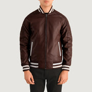 Close-Up Detail of Varsity collar &amp; Zipper Hardware on Pascal Maroon Leather Varsity 真皮夹克 男士