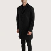 
Black Synthetic Wool Trench Coat - 展现肩线贴合与利落下摆的背部视角