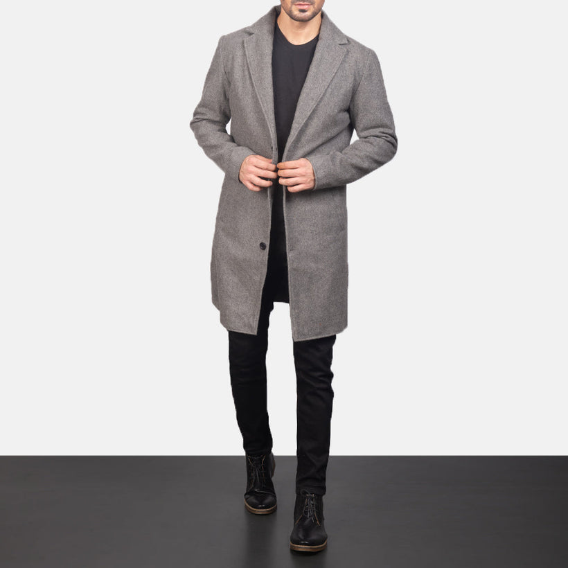Petrillo Grey Wool Single Breasted 真皮大衣 男士