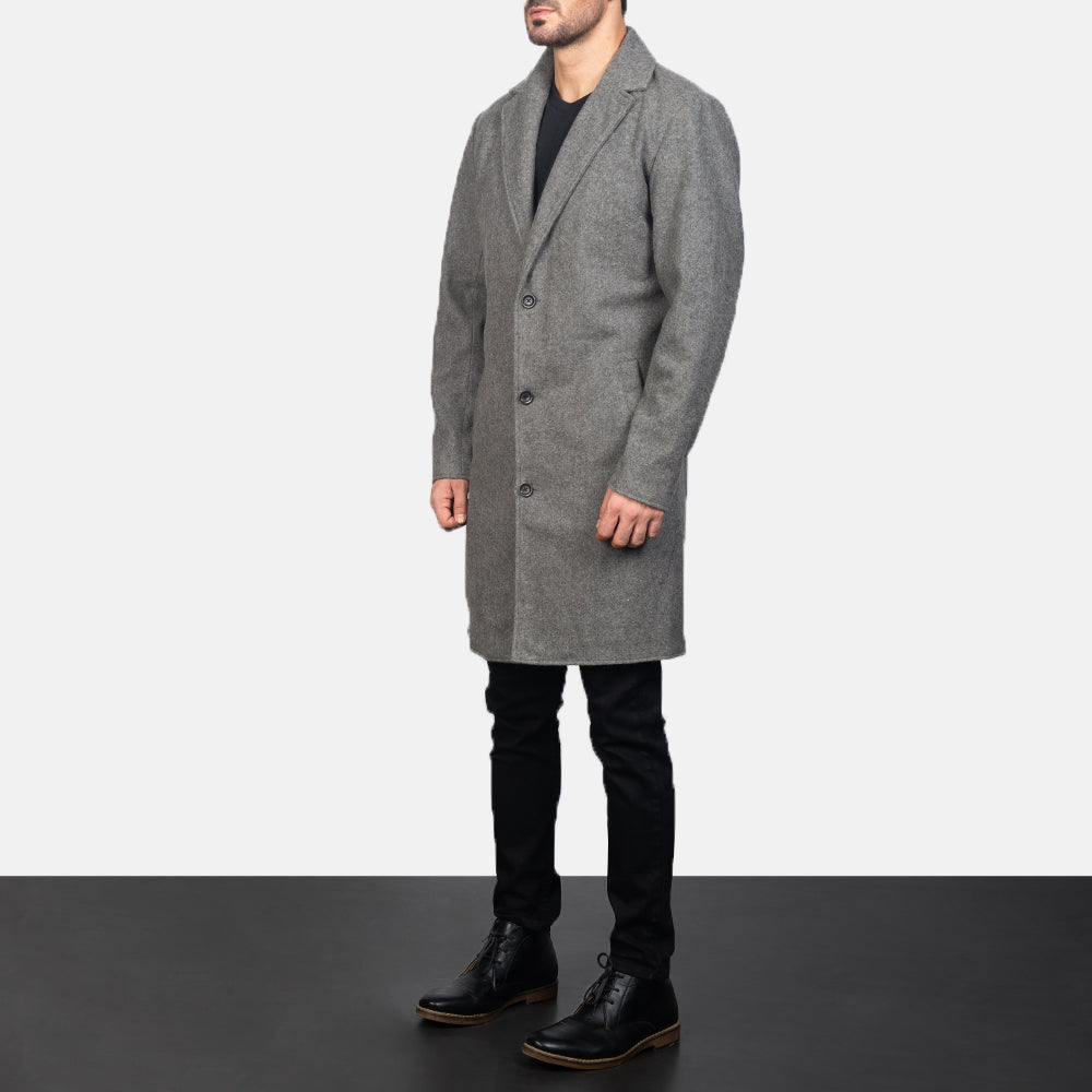 
Grey Synthetic Wool Trench Coat - 展现肩线贴合与利落下摆的背部视角