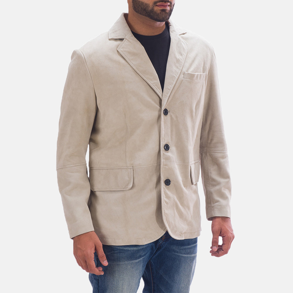 
Off White (Greyish) Goatskin Suede Leather Blazer - 展现肩线贴合与利落下摆的背部视角