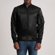 Quinton MA-1 黑色 真皮飞行员夹克 男士 in Black Satin - Front Profile View &amp; Tailored Silhouette | Buy Online
