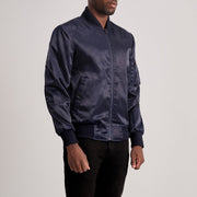 
Blue Satin Bomber Jacket - 展现肩线贴合与利落下摆的背部视角