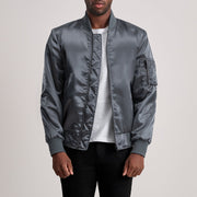 Quinton MA-1 Grey 真皮飞行员夹克 男士 - Lateral Side Profile View Showing Sleeve Cut &amp; Athletic Taper Fit