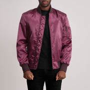 Quinton MA-1 Maroon 真皮飞行员夹克 男士 - Lateral Side Profile View Showing Sleeve Cut &amp; Athletic Taper Fit