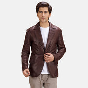 Radaron Quilted Maroon 真皮西装外套 男士 in Maroon Sheepskin Leather - Front Profile View &amp; Tailored Silhouette | Buy Online