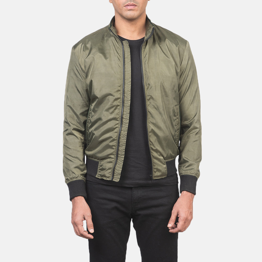 Men's Ramon Green 真皮飞行员夹克 男士 in Green Nylon - Front Profile View &amp; Tailored Silhouette | Buy Online