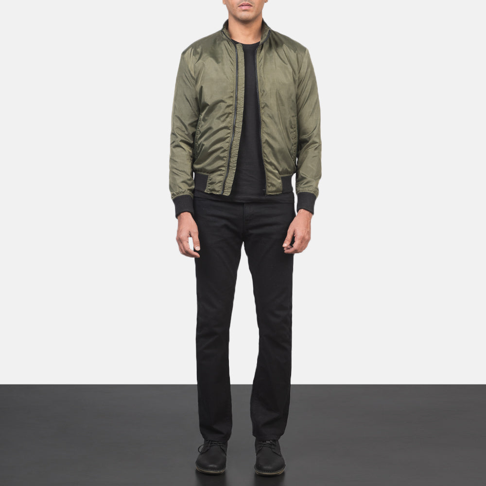 Men's Ramon Green 真皮飞行员夹克 男士 - Lateral Side Profile View Showing Sleeve Cut &amp; Athletic Taper Fit