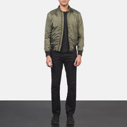 Men's Ramon Green 真皮飞行员夹克 男士 - Lateral Side Profile View Showing Sleeve Cut &amp; Athletic Taper Fit
