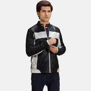 Randolf Silver 黑色 真皮机车夹克 男士 in Black &amp; silver Sheepskin Leather - Front Profile View &amp; Tailored Silhouette | Buy Online