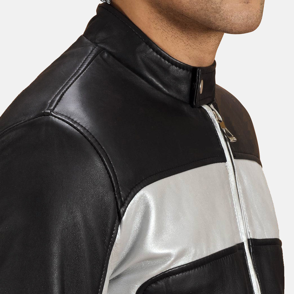 Randolf Silver 黑色 真皮机车夹克 男士 - Lateral Side Profile View Showing Sleeve Cut &amp; Athletic Taper Fit
