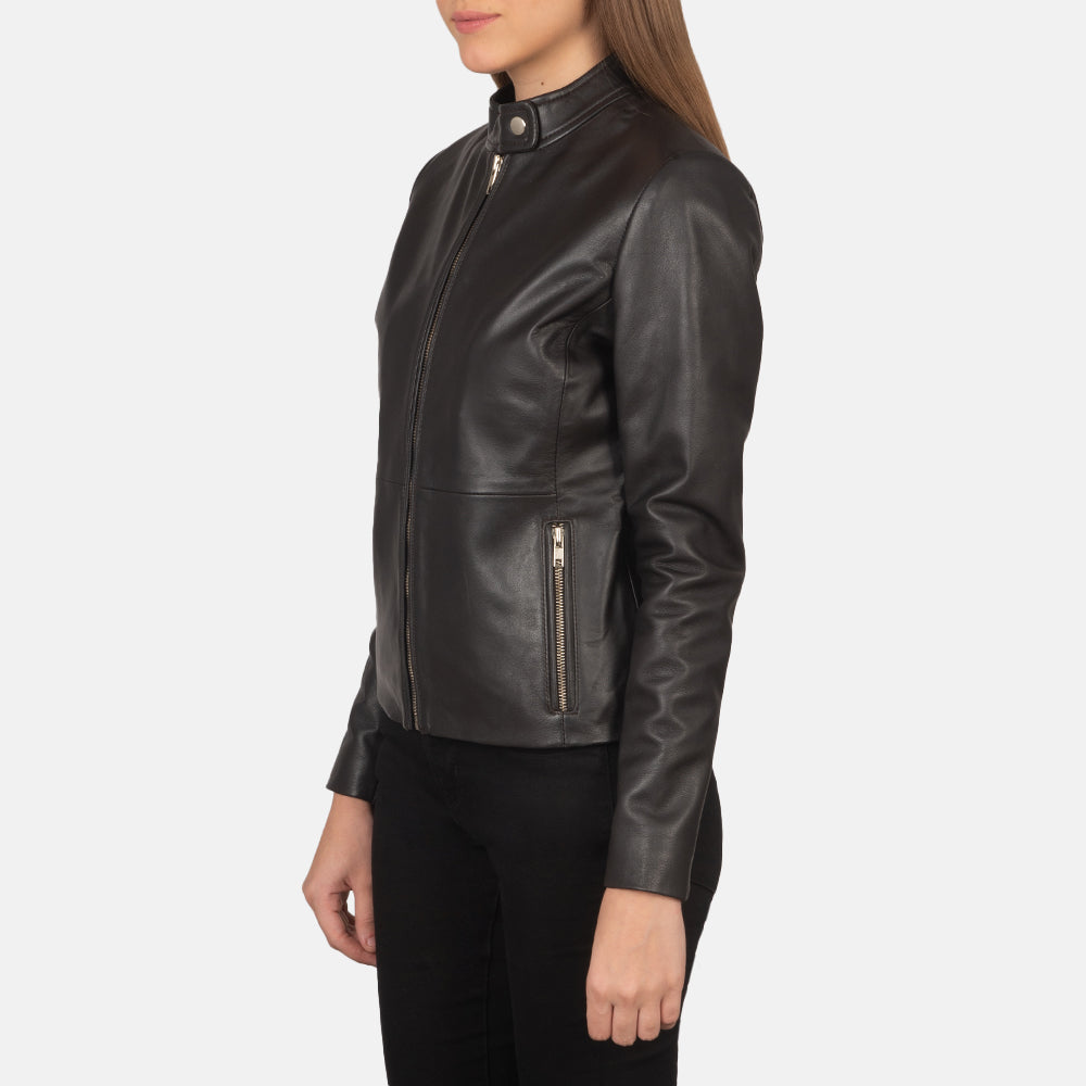
Brown Sheepskin Leather Biker Jacket - 展现肩线贴合与利落下摆的背部视角