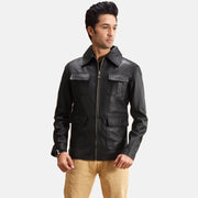 Raven 黑色 真皮夹克 男士 in Black Sheepskin Leather - Front Profile View &amp; Tailored Silhouette | Buy Online