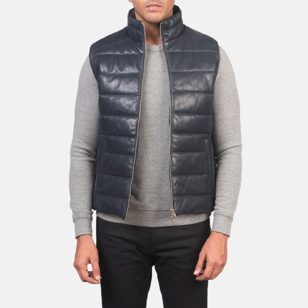 
Reeves 深海蓝 Leather 保暖羽绒夹棉马甲 男士 in Blue Sheepskin Leather - 正面版型与定制立体剪裁轮廓 | 官方商城选购