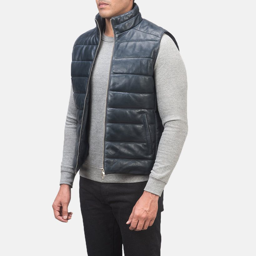 Reeves Blue Leather Puffer Vest 男士
