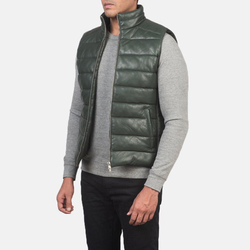 Reeves Green Leather Puffer Vest 男士