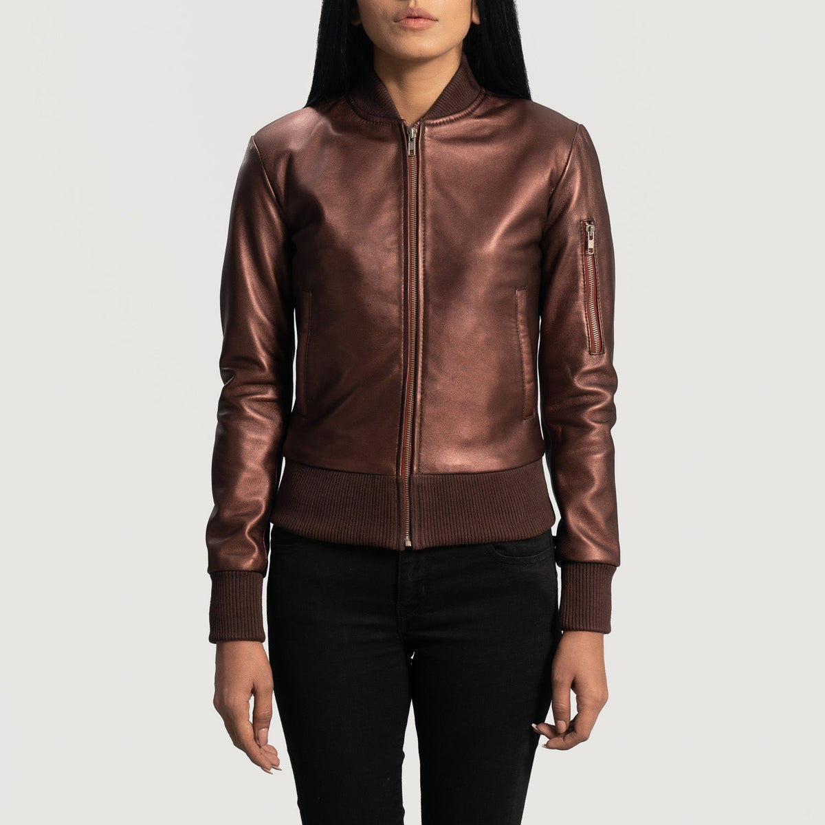 Women's Reida Maroon 真皮飞行员夹克 女士 in Maroon Sheepskin Leather - Front Profile View &amp; Tailored Silhouette | Buy Online