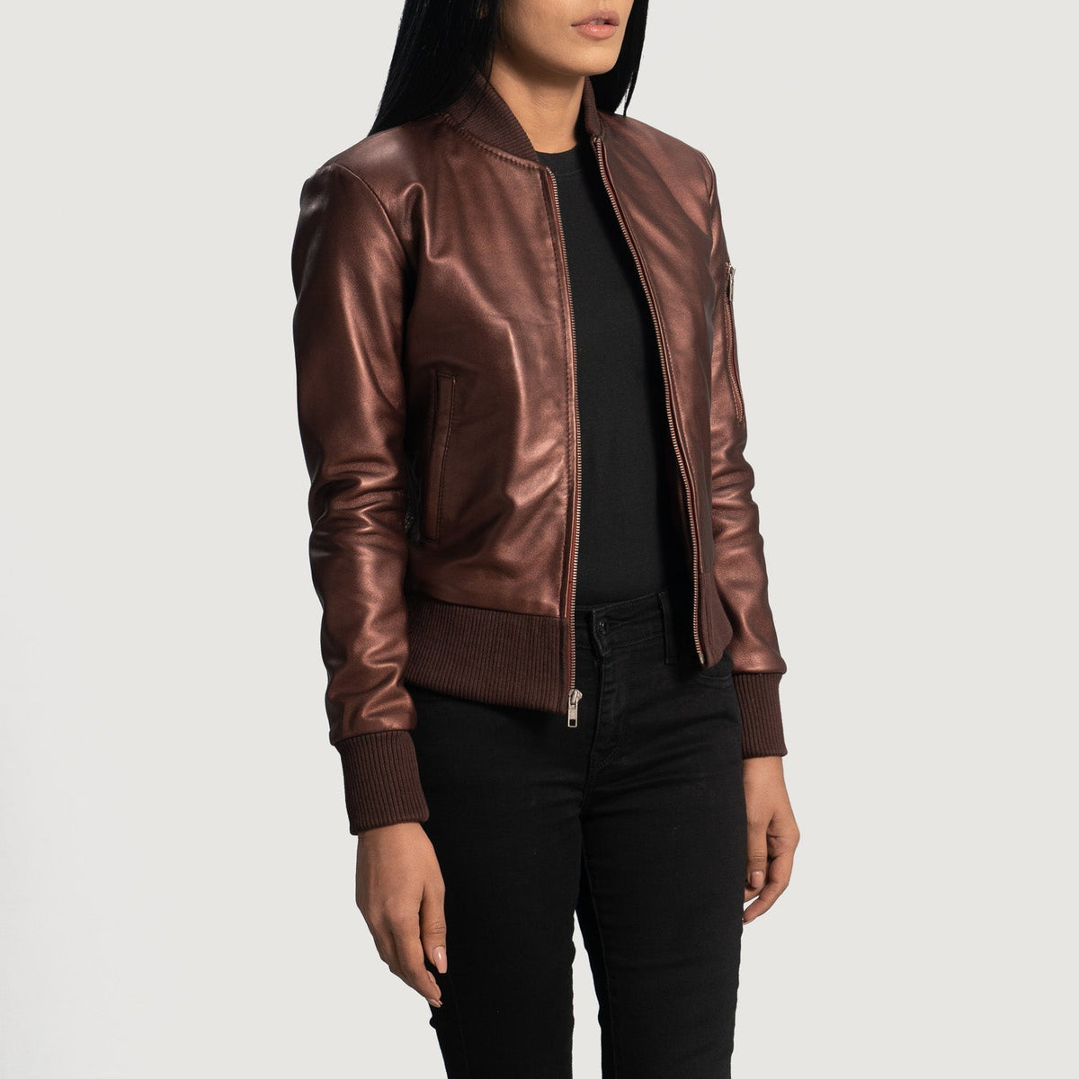 Women's Reida Maroon 真皮飞行员夹克 女士 - Lateral Side Profile View Showing Sleeve Cut &amp; Athletic Taper Fit