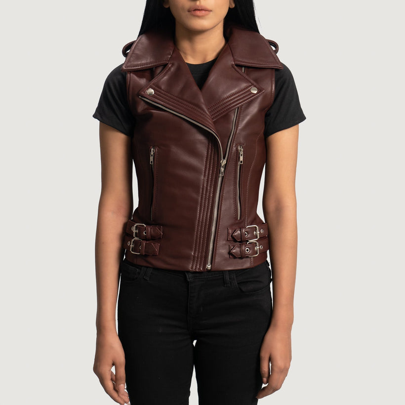 Rhonda 栗褐色 Leather Biker Vest 女士