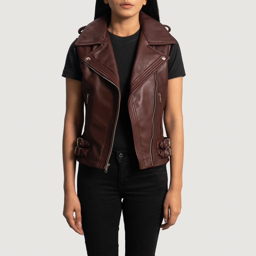 Rhonda 栗褐色 Leather Biker Vest 女士
