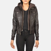 Women's Roslyn Brown Hooded Leather Bomber Jacket in Brown Sheepskin Leather - Front Profile View & Tailored Silhouette | Buy Online