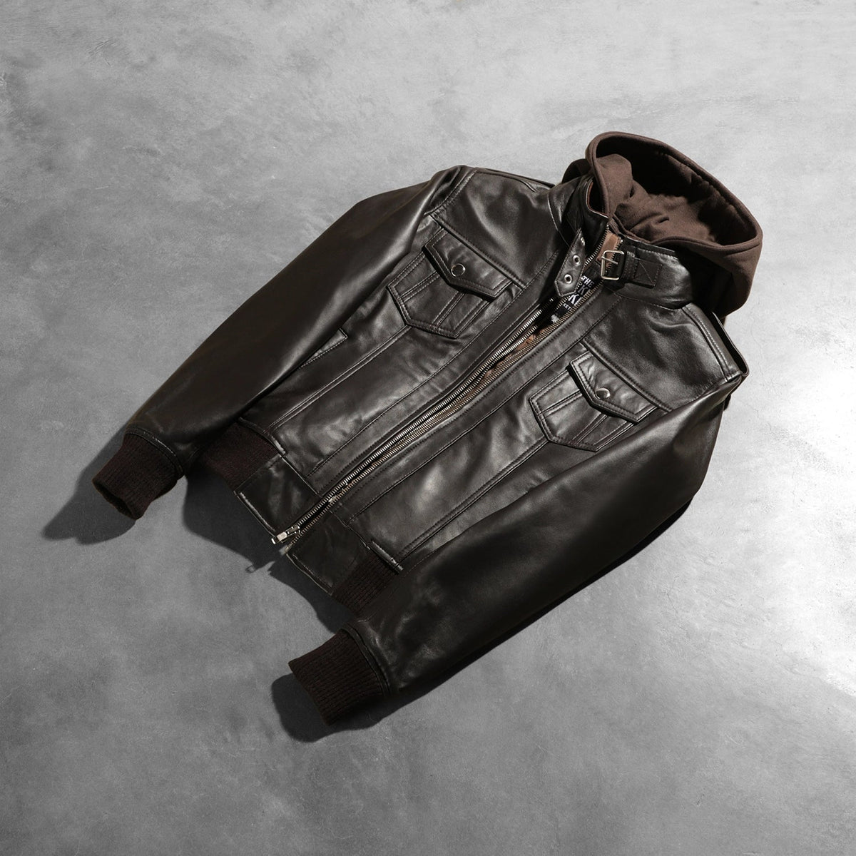 Styled Fit Perspective of Women's Roslyn Brown Hooded Leather Bomber Jacket on Model - Natural Daylight Drape