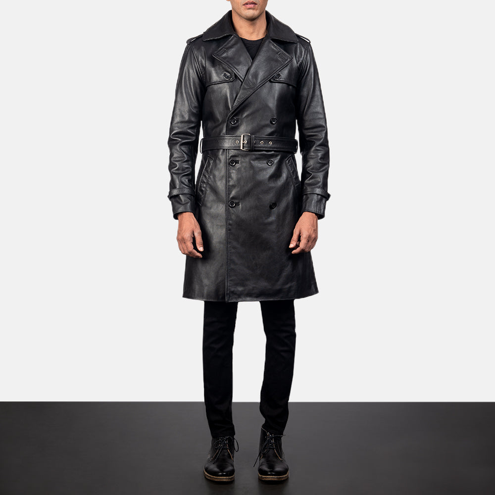 Men's Royson 黑色 Leather Duster 真皮大衣 男士 in Black Cowhide Leather - Front Profile View &amp; Tailored Silhouette | Buy Online