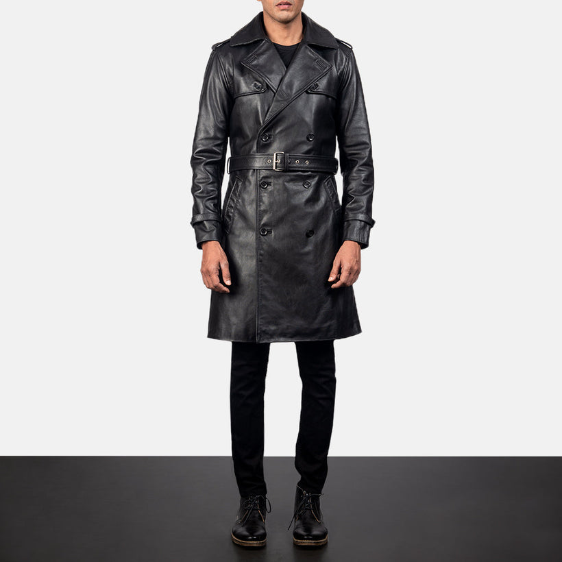 Royson 经典黑 Leather Duster 真皮大衣 男士
