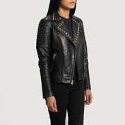 
Black Sheepskin Leather Biker Jacket - 展现肩线贴合与利落下摆的背部视角