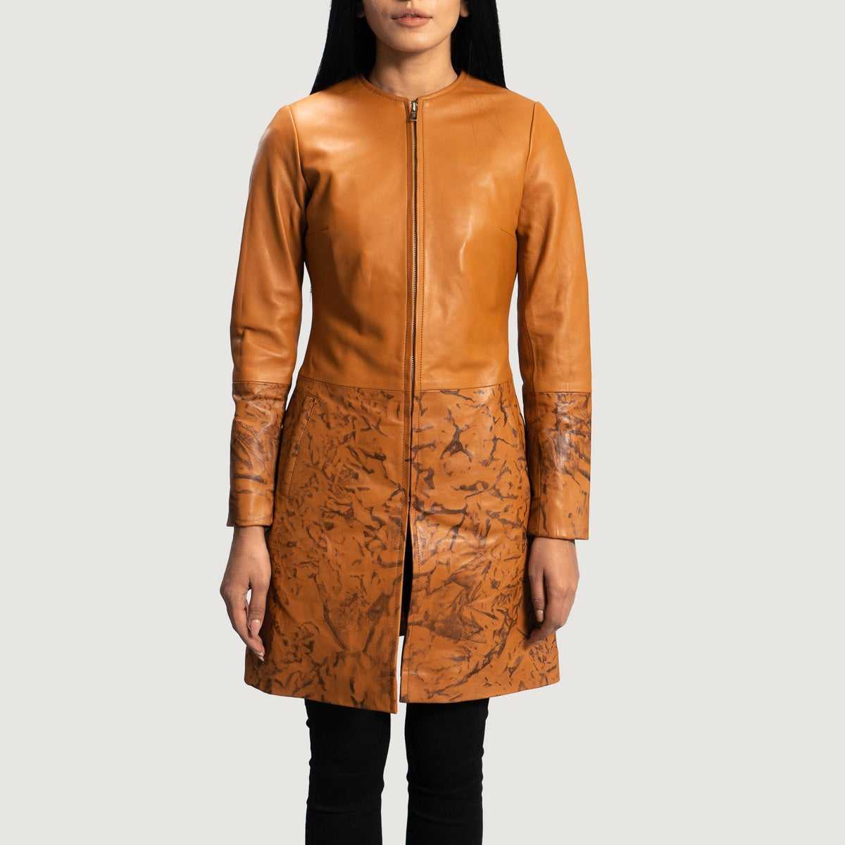 Women's Sandy Tan Dye Leather Coat in Tan Brown Sheepskin Dip &Amp; Dye - Front Profile View & Tailored Silhouette | Buy Online