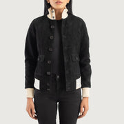 
Sasha A1 Black Suede Bomber Jacket in Black Goatskin Suede - 正面版型与定制立体剪裁轮廓 | 官方商城选购