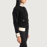 
Black Goatskin Suede Bomber Jacket - 展现肩线贴合与利落下摆的背部视角