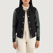 
Savant Green Hybrid Varsity Jacket in Green Sheepskin Leather - 正面版型与定制立体剪裁轮廓 | 官方商城选购