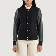 
细节特写 of Varsity & Snap Buttons Hardware on Savant Green Hybrid Varsity Jacket